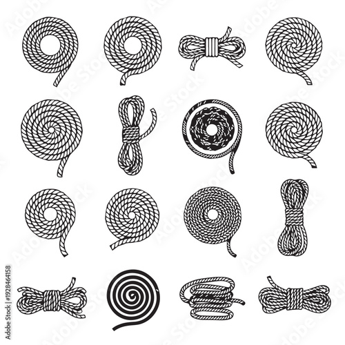 Collection of Rope Coils and Knots Isolated on White Background