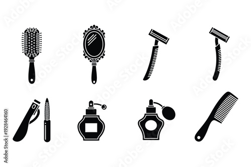 Grooming and Personal Care Icons: Comb, Razor, Mirror, Perfume, File