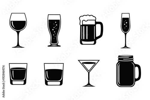 Beverage Glassware Icons: Wine, Beer, Cocktail, Shot, Mason Jar