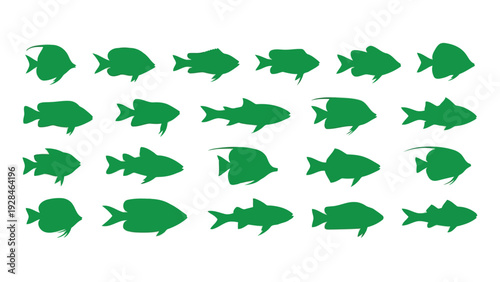A school of green fish swimming in a straight line across a plain background Vector