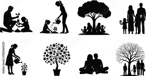Collection of silhouettes showing people with plants and trees, family bonding artwork, nature growth design, nurturing relationships illustration
