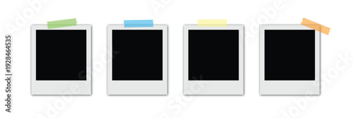 Photo Frame Collection Polaroid photo frame bundle. Photo frames with realistic shadow vector effect isolated template. Photo frames attached with adhesive tape on transparent background