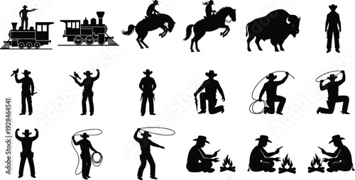 Collection of Wild West silhouettes, cowboys, horses, buffalo, steam locomotive artwork, frontier culture design, American western lifestyle illustration