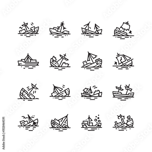 Collection of Shipwreck Icons Nautical Disaster Symbols Maritime Loss Vector Art