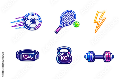 A collection of six neon sports and fitness icons including a soccer ball, tennis racket, lightning bolt, fitness tracker, kettlebell, and dumbbell on a black background.