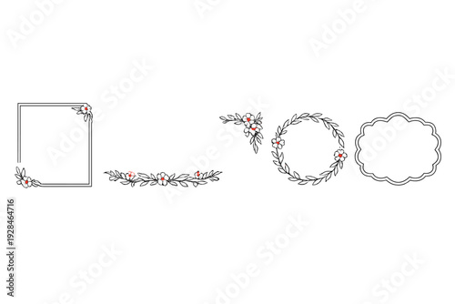 A collection of five hand-drawn floral decorative elements including frames, a wreath, and a divider, featuring white flowers with red centers on a solid black background.
