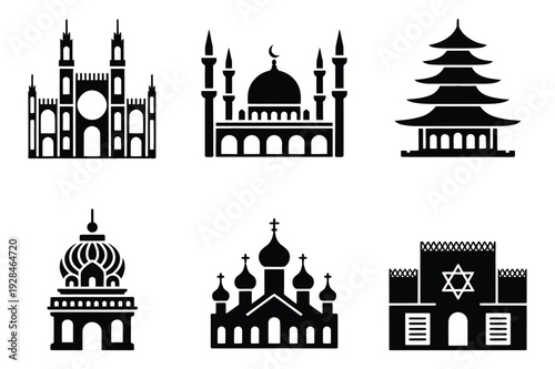 Religious building icons: cathedral, mosque, temple, synagogue