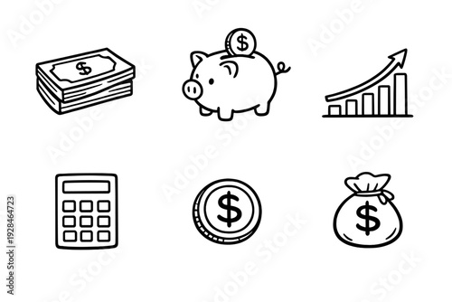 A set of six minimalist white line icons on a black background representing financial concepts including a piggy bank, money bag, calculator, bar chart, coin, and stack of cash.