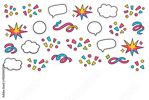 This set of vibrant graphic stickers includes white speech bubbles, thought clouds, multicolored starbursts, and confetti shapes arranged on a solid black background.