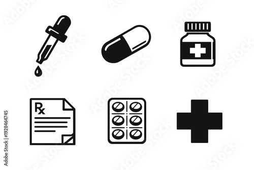 A collection of six black medical icons on a white background, featuring a dropper, capsule, medicine bottle, prescription form, blister pack of pills, and a medical cross symbol.