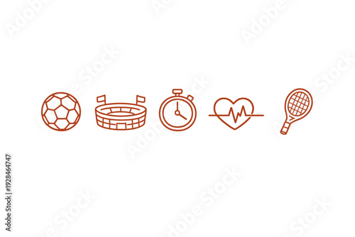 A set of five orange line icons representing sports and health, including a soccer ball, stadium, stopwatch, heart pulse, and tennis racket, isolated on a solid black background.