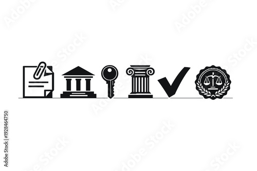 A row of white legal and government icons including a document, courthouse, key, column, checkmark, and scales of justice seal arranged on a horizontal line against a black background.