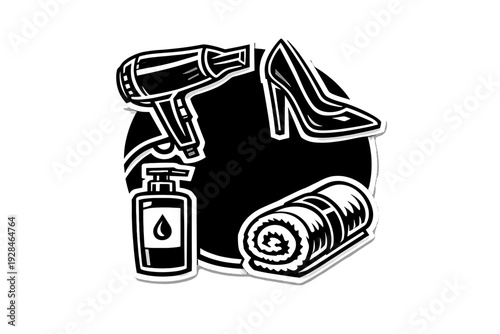 A black and white graphic illustration featuring a hair dryer, a high-heeled shoe, a pump bottle, and a rolled-up towel arranged around a central circular shape.