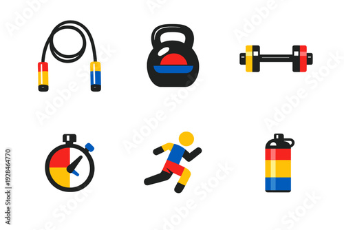 A collection of six fitness and exercise icons featuring a jump rope, kettlebell, barbell, stopwatch, running person, and water bottle in a minimalist flat design style on a black background.
