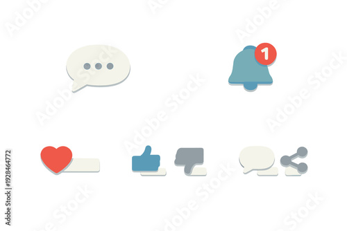 A set of stylized 3D social media icons featuring a heart, thumbs up, thumbs down, notification bell, and speech bubbles on a black background. Perfect for digital marketing themes.