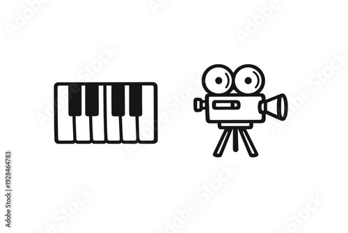 A minimalist line art illustration featuring a section of a piano keyboard and a vintage movie camera on a tripod, symbolizing the intersection of music and film arts.