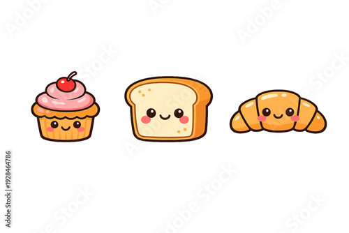 A collection of three kawaii bakery characters featuring a pink cupcake, a slice of white bread, and a golden croissant with happy faces isolated on a black background.