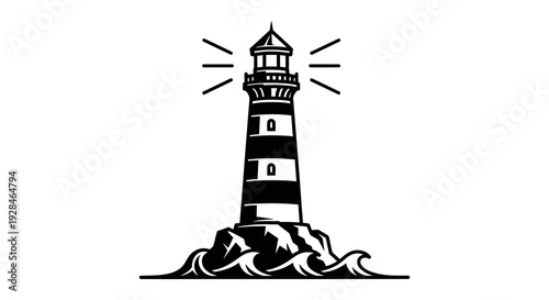 A black and white illustration depicts a lighthouse standing on rocky waves