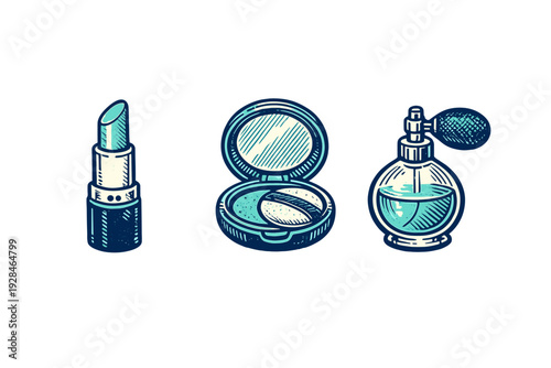 A set of three vintage-style illustrations featuring a lipstick, an open powder compact with a mirror and puff, and a classic perfume bottle with an atomizer on a black background.
