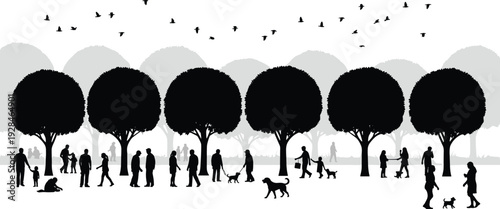 Park silhouette illustration, people walking dogs, family outdoor activity artwork, black and white design, nature community scene, peaceful social interaction drawing