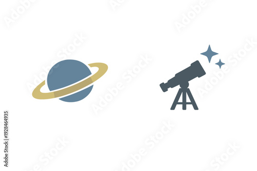 A stylized illustration featuring a blue planet with a gold ring and a gray telescope on a tripod with two stars. The graphic elements are set against a solid black background.