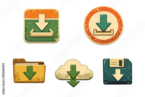 A collection of five vintage-style download and save icons featuring a folder, cloud, floppy disk, and buttons with arrows, all presented with a distressed, retro texture on a black background.