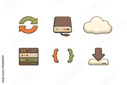 A collection of six stylized technology icons including a cloud, server rack, coding brackets, sync arrows, external drive, and download symbol, in a flat design style on a black background.
