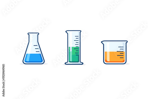 Three laboratory glassware items including an Erlenmeyer flask, a graduated cylinder, and a beaker filled with blue, green, and orange liquids against a solid black background.