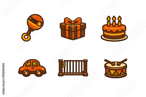 A collection of six baby-themed stickers featuring a rattle, gift box, birthday cake, toy car, crib, and drum. The icons have a warm orange and brown color palette on a black background.