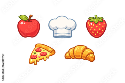 A collection of five colorful food and cooking icons including a red apple, a white chef hat, a strawberry, a slice of pepperoni pizza, and a croissant on a black background.