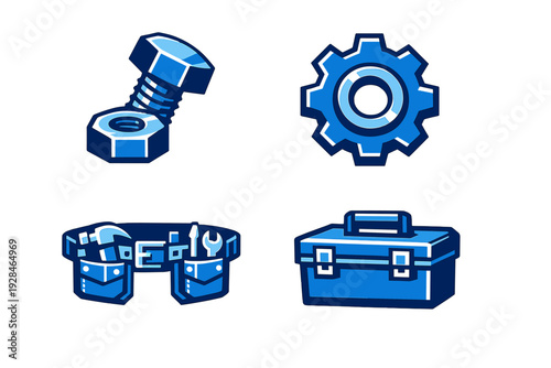 A collection of four blue icons featuring a bolt and nut, a gear, a tool belt with various hand tools, and a closed toolbox, all presented in a stylized graphic design on a black background.