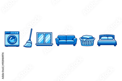 A set of blue household icons including a washing machine, broom, window, sofa, laundry basket, and bed, arranged in a horizontal line against a solid black background.