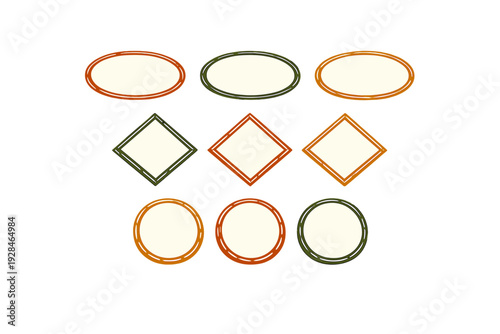 A collection of nine blank vintage-style labels in oval, diamond, and circular shapes. The frames feature earthy colors like green and brown, set against a solid black background.