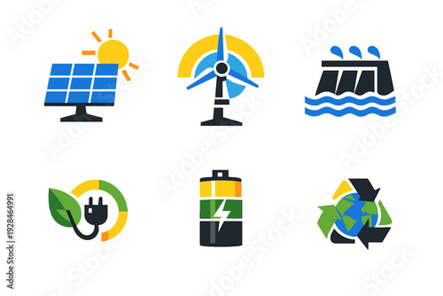 A set of six colorful flat icons representing renewable energy and sustainability, including solar panels, wind turbines, hydroelectric power, green electricity, batteries, and recycling.