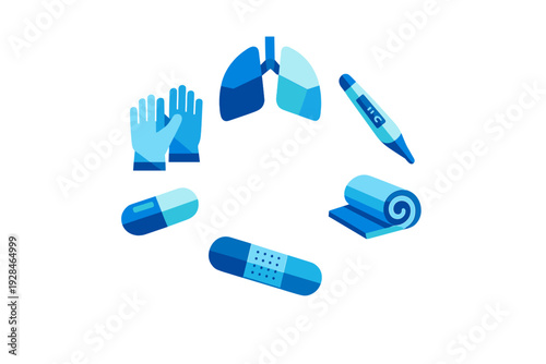 Blue medical icons featuring human lungs, a digital thermometer, protective gloves, a capsule pill, and bandages are arranged in a circle against a solid black background.