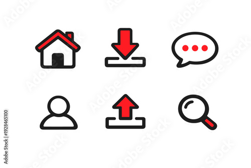 Free Download A set of six web icons including home, download, chat, user, upload, and search. The icons feature a sticker style with black outlines, white borders, and red accents on a black background. - GFXLoad