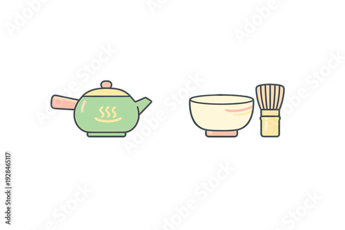 A flat illustration of traditional Japanese tea ceremony tools including a green teapot, a white ceramic bowl, and a bamboo whisk set against a solid black background.
