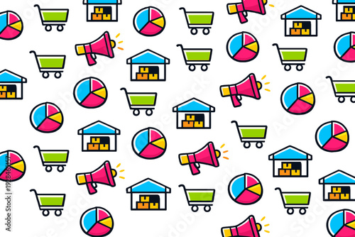 A pattern featuring vibrant icons of shopping carts, pie charts, megaphones, and storage warehouses on a black background. It represents commerce, marketing, and data analysis.