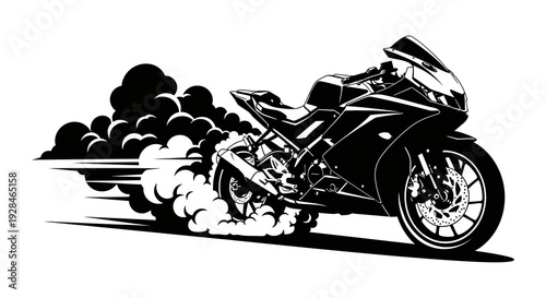 A black and white illustration of a speeding motorcycle leaving a smoke trail