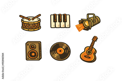 A collection of six stylized music-themed icons including a drum, piano keys, spotlight, speaker, vinyl record, and acoustic guitar, all set against a solid black background.