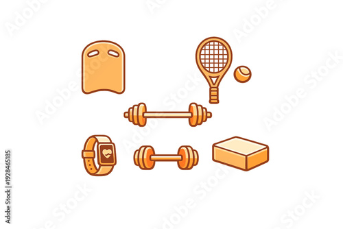 A collection of orange fitness and sports icons including a barbell, dumbbell, tennis racket, smartwatch, kickboard, and yoga block, set against a solid black background.