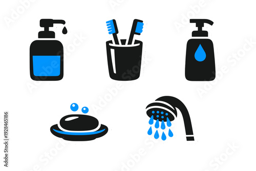 A collection of five bathroom hygiene icons featuring a soap dispenser, toothbrushes in a cup, a bar of soap with bubbles, and a shower head, all in a black and blue sticker style.
