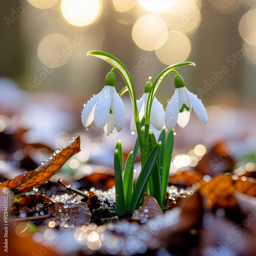 Tender snowdrops with dew drops emerge in the early spring forest. Macro shot of first flowers on a background of fallen leaves and golden sun bokeh. A symbol of hope and new beginnings.