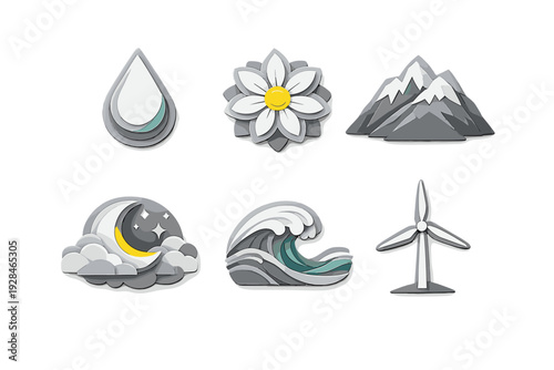 A collection of six stylized paper-cut icons representing nature and renewable energy, including a water drop, flower, mountains, moon, ocean wave, and wind turbine on a black background.