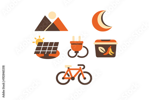 A collection of flat vector icons representing sustainability and eco-friendly living, featuring a bicycle, solar panels, mountains, an electric plug, a compost bin, and a crescent moon.