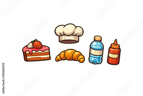 A collection of food and kitchen-themed stickers featuring a slice of strawberry cake, a chef's hat, a croissant, a water bottle, and a sauce bottle on a black background.