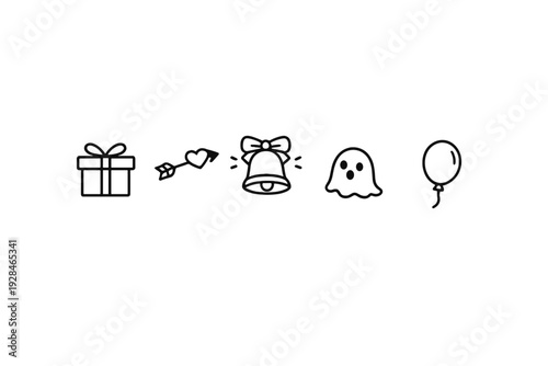 This image displays five minimalist black line icons including a gift box, a heart pierced by an arrow, a ringing bell, a small ghost, and a balloon on a plain white background.