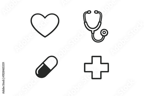 A collection of four minimalist medical icons featuring a heart, a stethoscope, a capsule pill, and a medical cross, all presented in a simple line art style on a dark background.