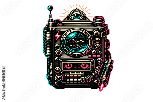 A stylized retro-futuristic electronic device featuring an all-seeing eye, a circular oscilloscope screen, and a cassette player, rendered in a neon pink and cyan graphic style.