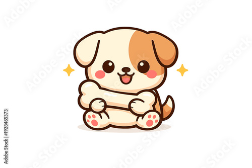 This kawaii illustration depicts a small cream and brown puppy holding a large bone. The character has pink cheeks and a happy expression, set against a solid black background.